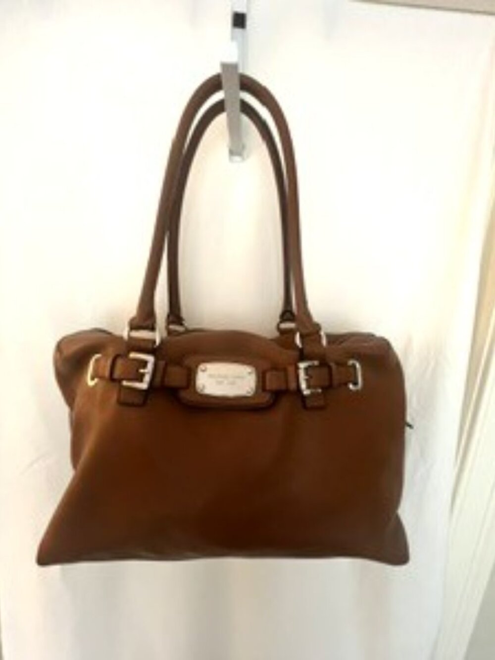 Michael Kors Tan Cognac Leather Satchel Purse Silver Hardware Rare Find